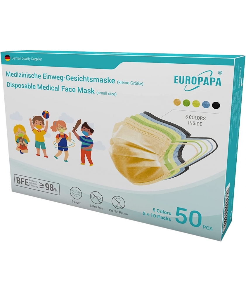 Europapa BFE 98% vaikiškos medicininės veido kaukės 50 vnt., 5 Colors